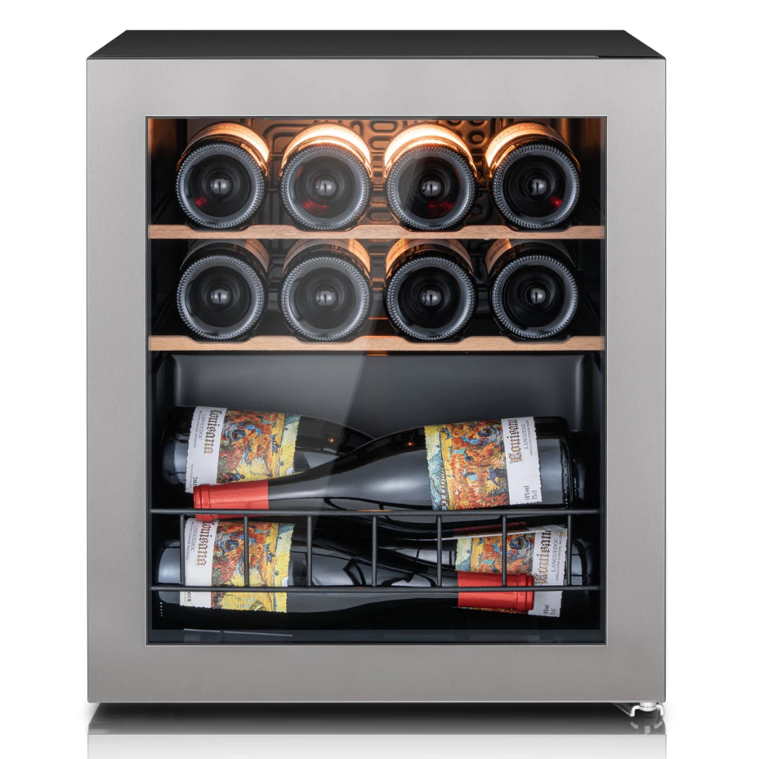 12 glasses of wine in litte bottles Ca'Lefort Wine Fridge 12 Bottle Mini Wine Cooler Refrigerator 3 color LED Freestanding Wine Cellar with Glass Door