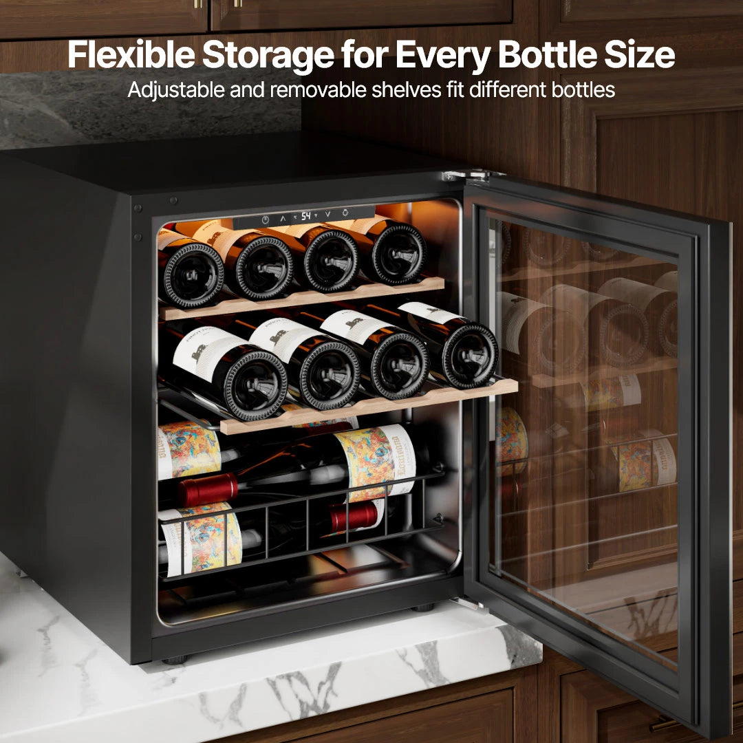 Removable and adjustable racks designed to hold different wine bottle shapes and sizes securely.