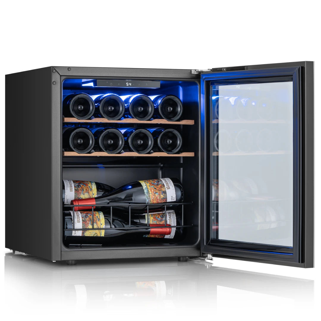 Mini wine fridge with door open, showing organized interior layout for storing multiple wine bottles.