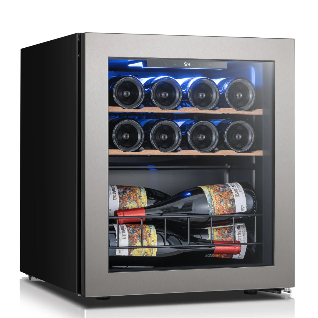 Side profile of a compact wine fridge, designed to fit easily into small kitchen or bar spaces.