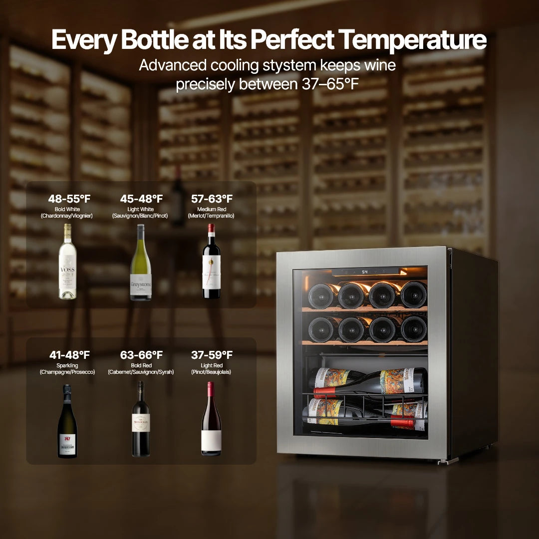 Wide temperature range from 37°F to 65°F, suitable for storing red, white, and sparkling wines.