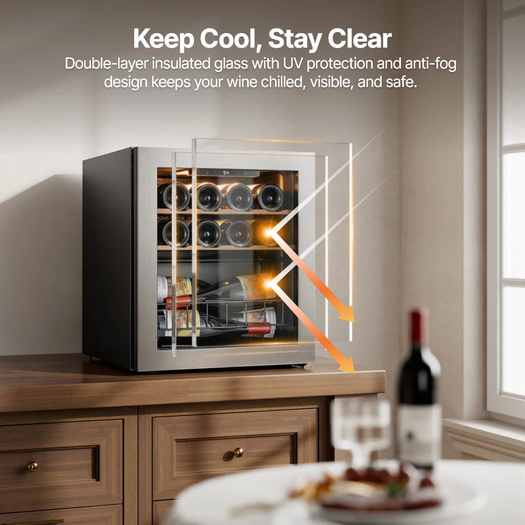 Double-layer UV-resistant glass door that helps protect wine from light exposure and temperature changes.