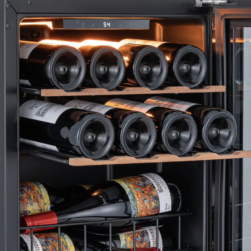 Wooden shelves with soft amber LED lighting, creating an ideal environment for wine display and storage.