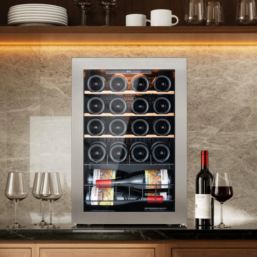 Small wine fridge placed on a bar surface, making wine access simple during gatherings or daily use.
