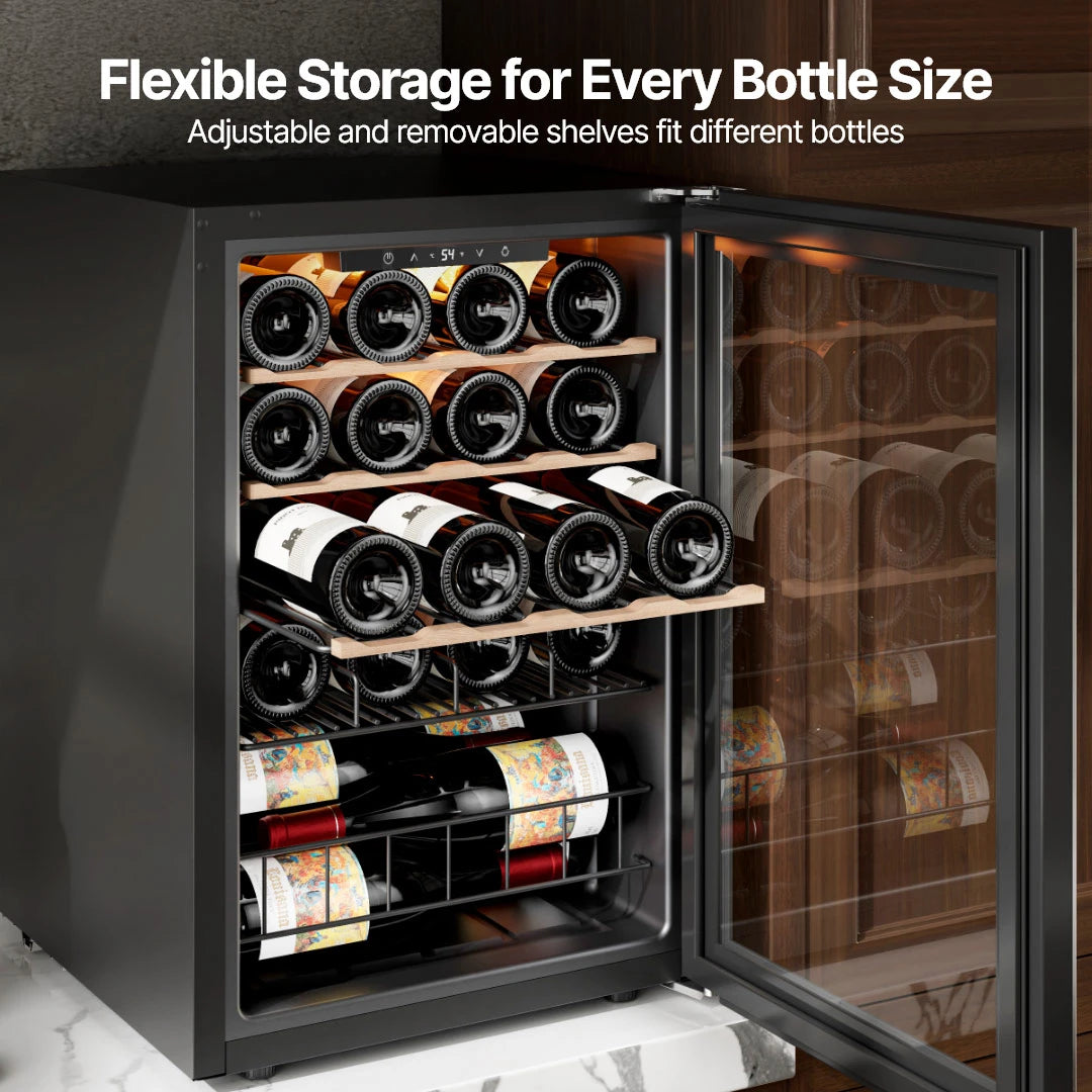 Flexible shelving system that can be adjusted or removed to fit various wine bottle shapes and heights.