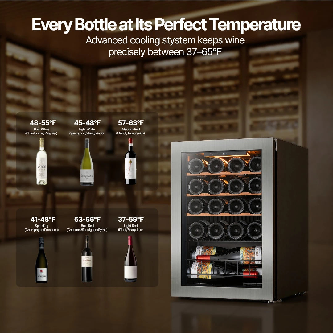 Temperature range from 37°F to 65°F, allowing different wine styles to be stored under suitable conditions.