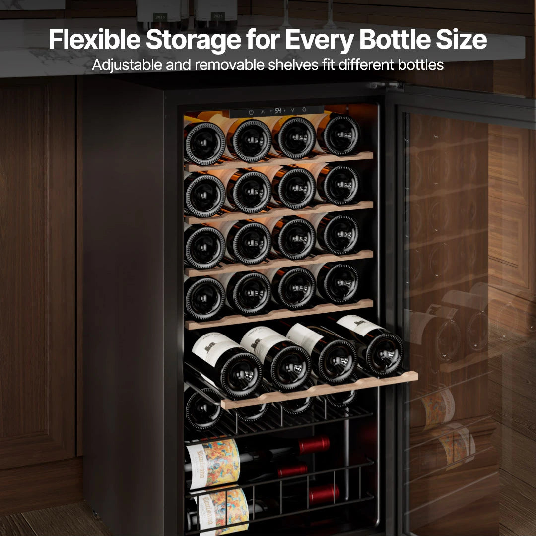 Adjustable racks designed to accommodate various wine bottle sizes while maximizing interior space.