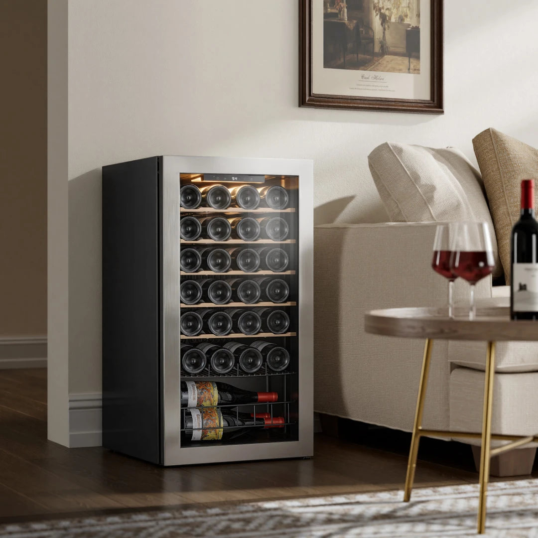 Under counter wine fridge placed in a living room setting, offering flexible placement beyond built-in installation.