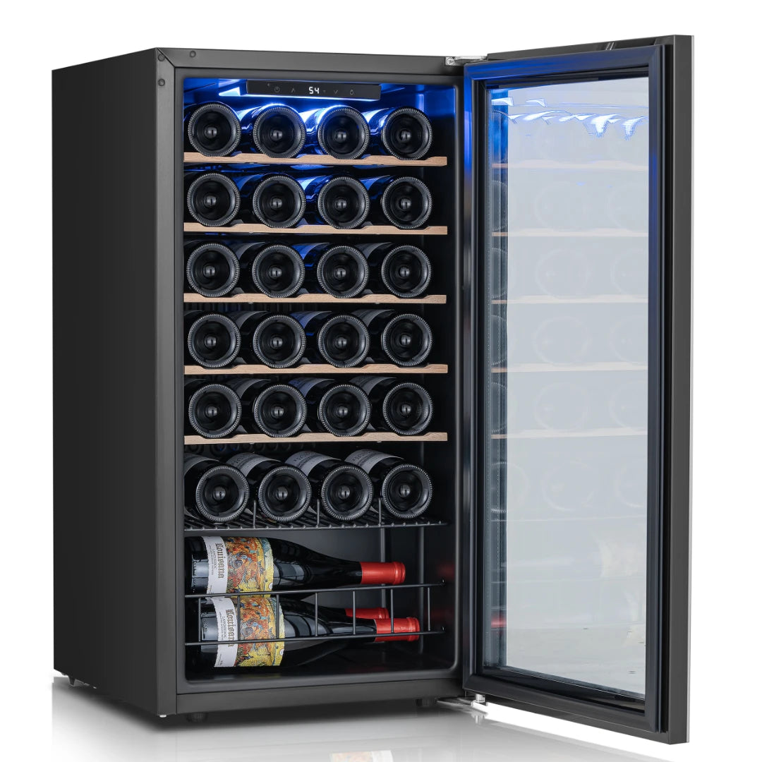 Interior layout with door open, showing horizontal wine bottle storage designed for stability and proper aging.
