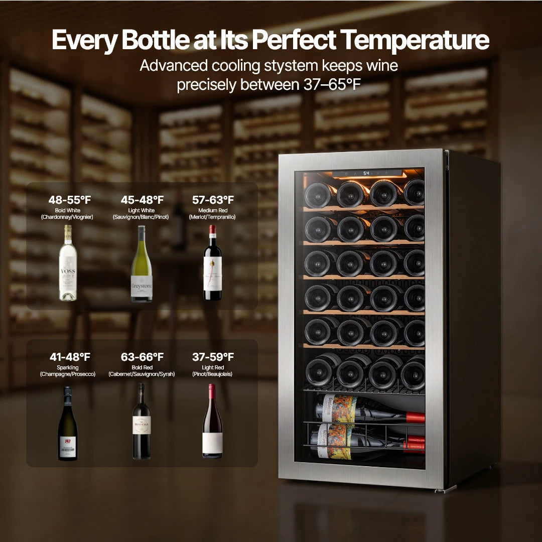 Temperature range from 37°F to 65°F, supporting different wine types with stable storage conditions.