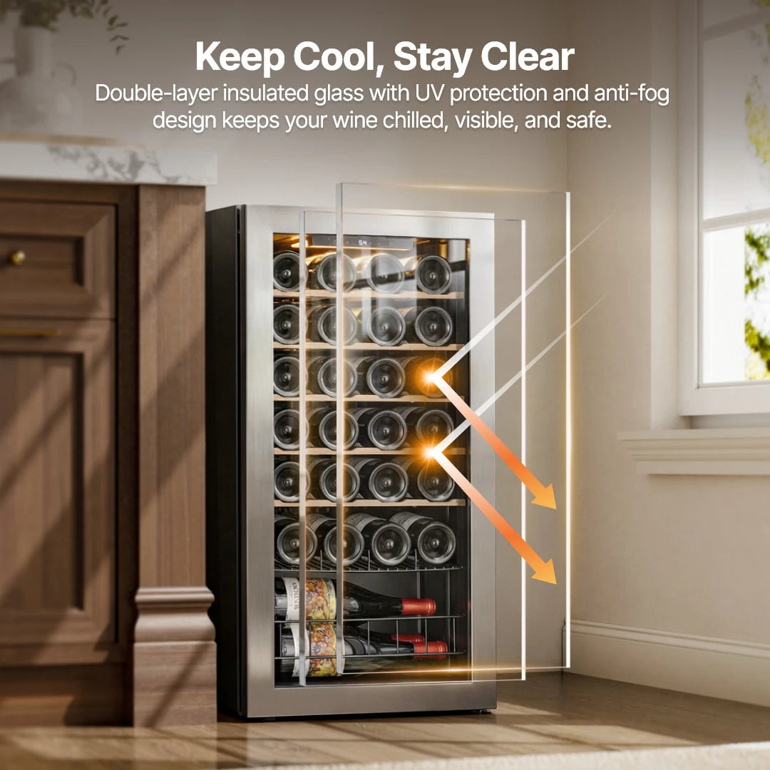 UV-resistant insulated glass door that helps reduce light exposure and maintain a consistent environment.