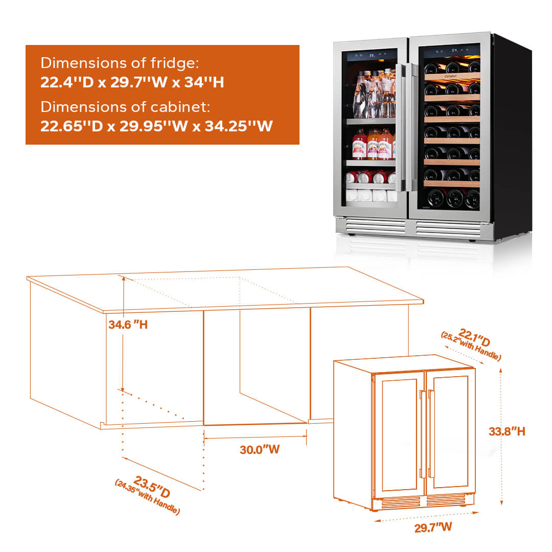 30'' Dual Zone Wine and Beverage Fridge with French Door