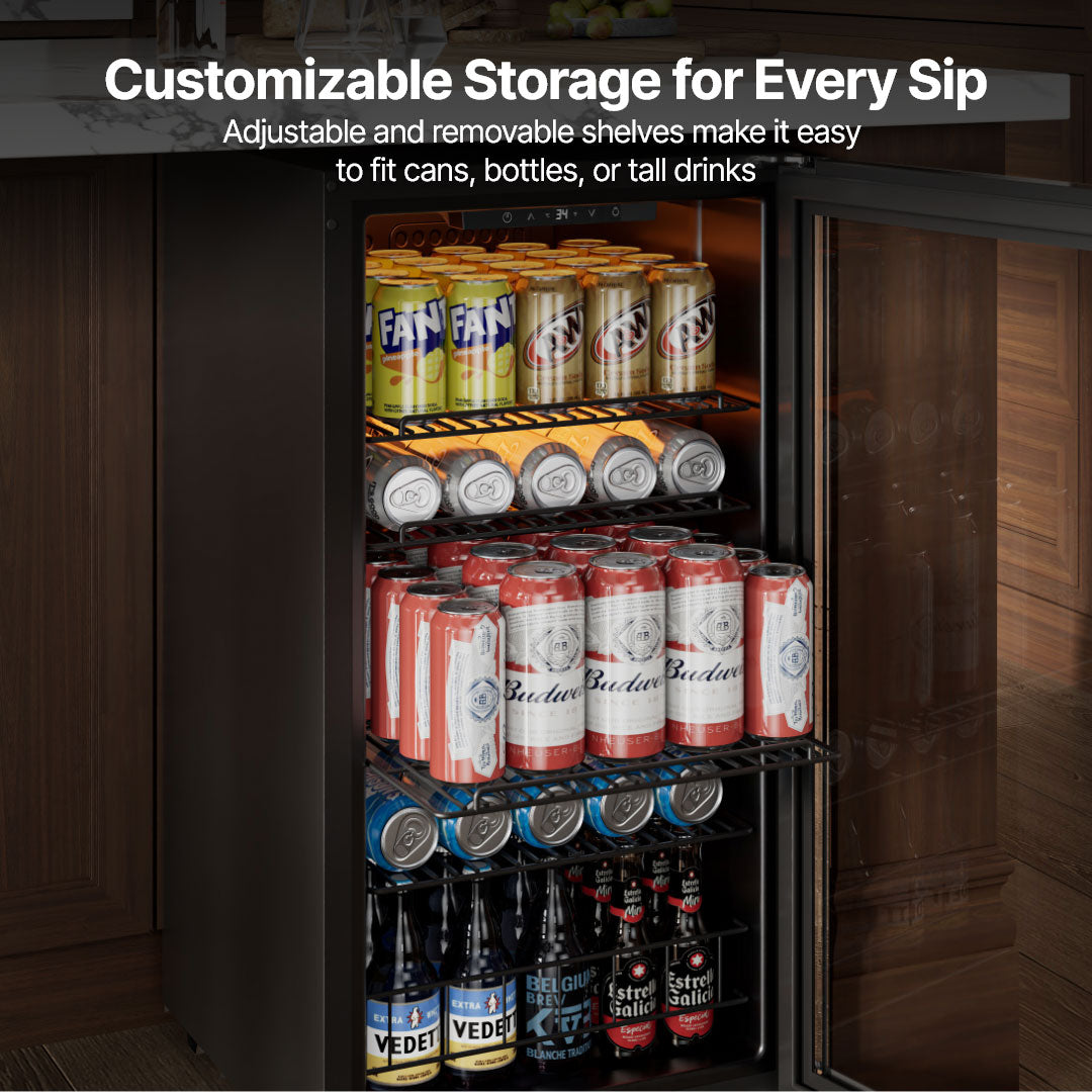 Ca'Lefort 105 Can Freestanding Beverage Fridge, 15 Inch Glass Door Cooler